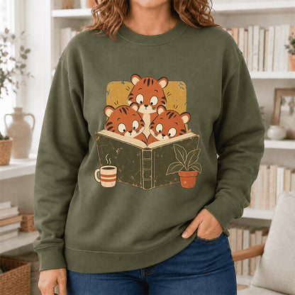 Minimal Japanese Tigers Reading Crewneck Sweatshirt | Reader Gift Military Green