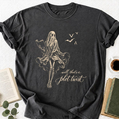 Funny Dress-Wearing Bookworm Ghost Printed T-Shirt | Halloween Book Lover Gift Dark Heather