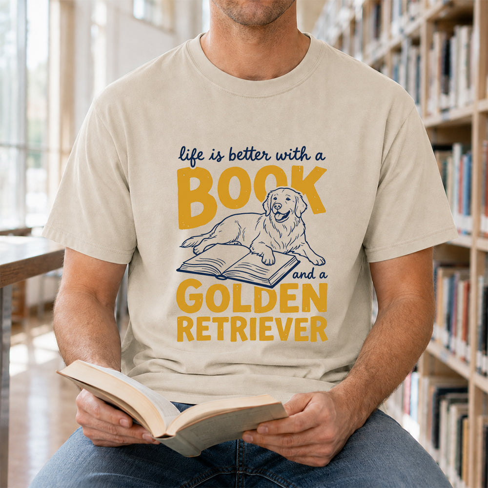 Life Is Better With A Book And A Golden Retriever Softstyle T-Shirt | Book Lover Gift Sand