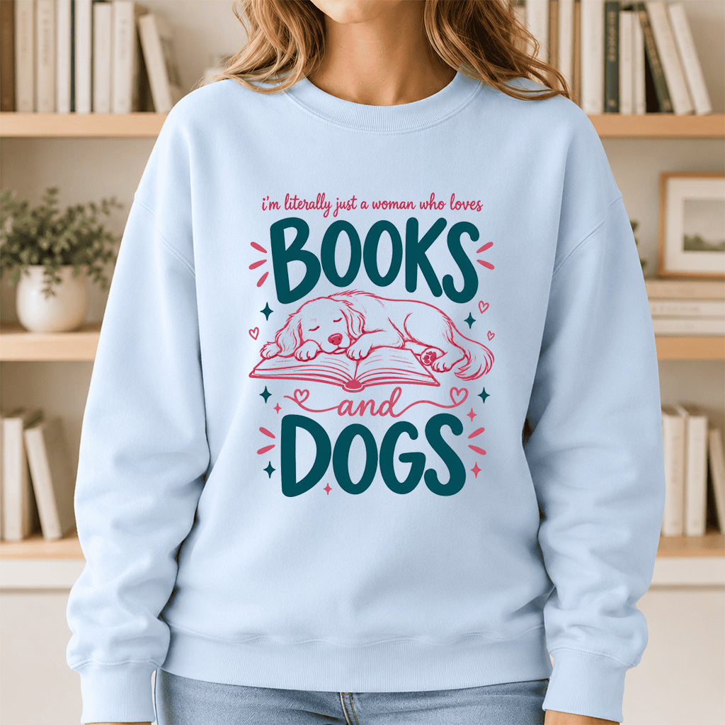 Just A Woman Who Loves Books and Dogs Crewneck Sweatshirt |  Dog Lover & Reader Gift Light Blue