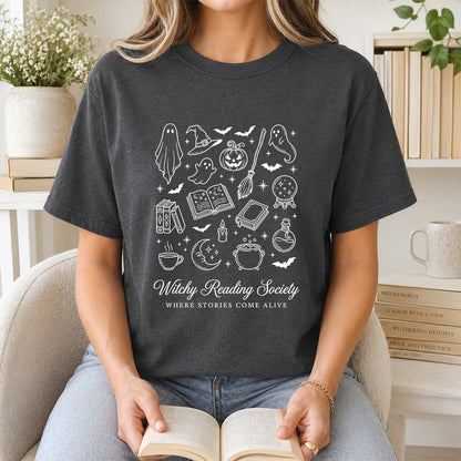 Witchy Reading Society Printed T-Shirt | Halloween Reader Gift Dark Heather