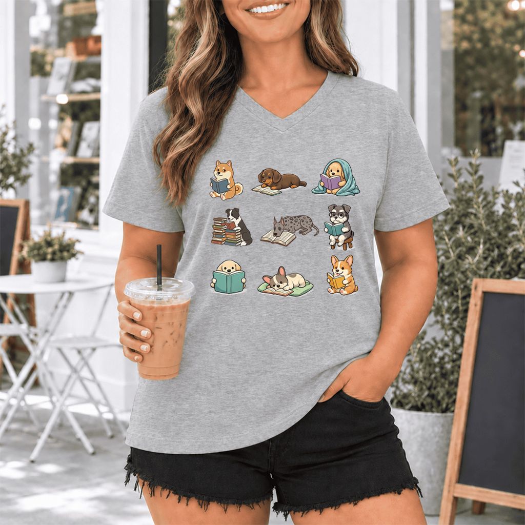 Funny Reading Dogs Ultra-Soft V-Neck | Dog Mom Reader Gift Athletic Heather