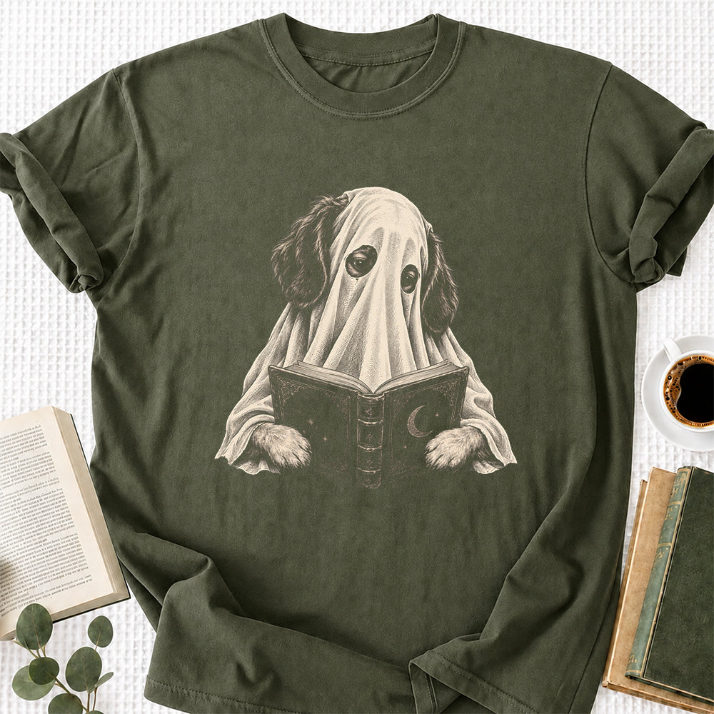 Reading Ghost Dog Printed T-Shirt | Halloween Dog Lover Gift Military Green