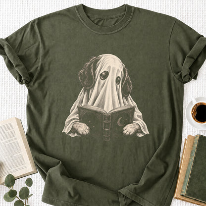 Reading Ghost Dog Printed T-Shirt | Halloween Dog Lover Gift Military Green