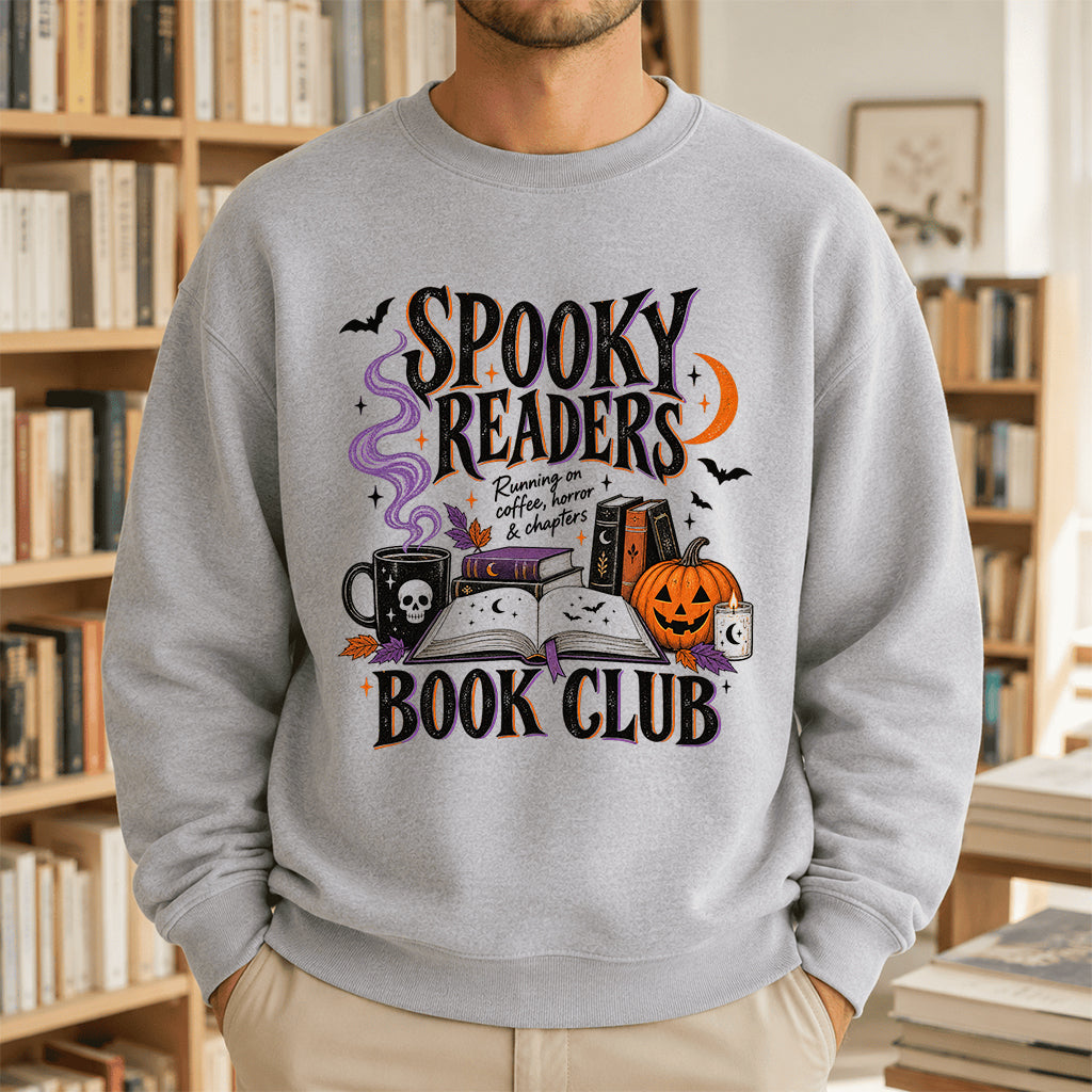 Spooky Readers Book Club Printed Sweatshirt | Halloween Book Lover Gift Sport Grey