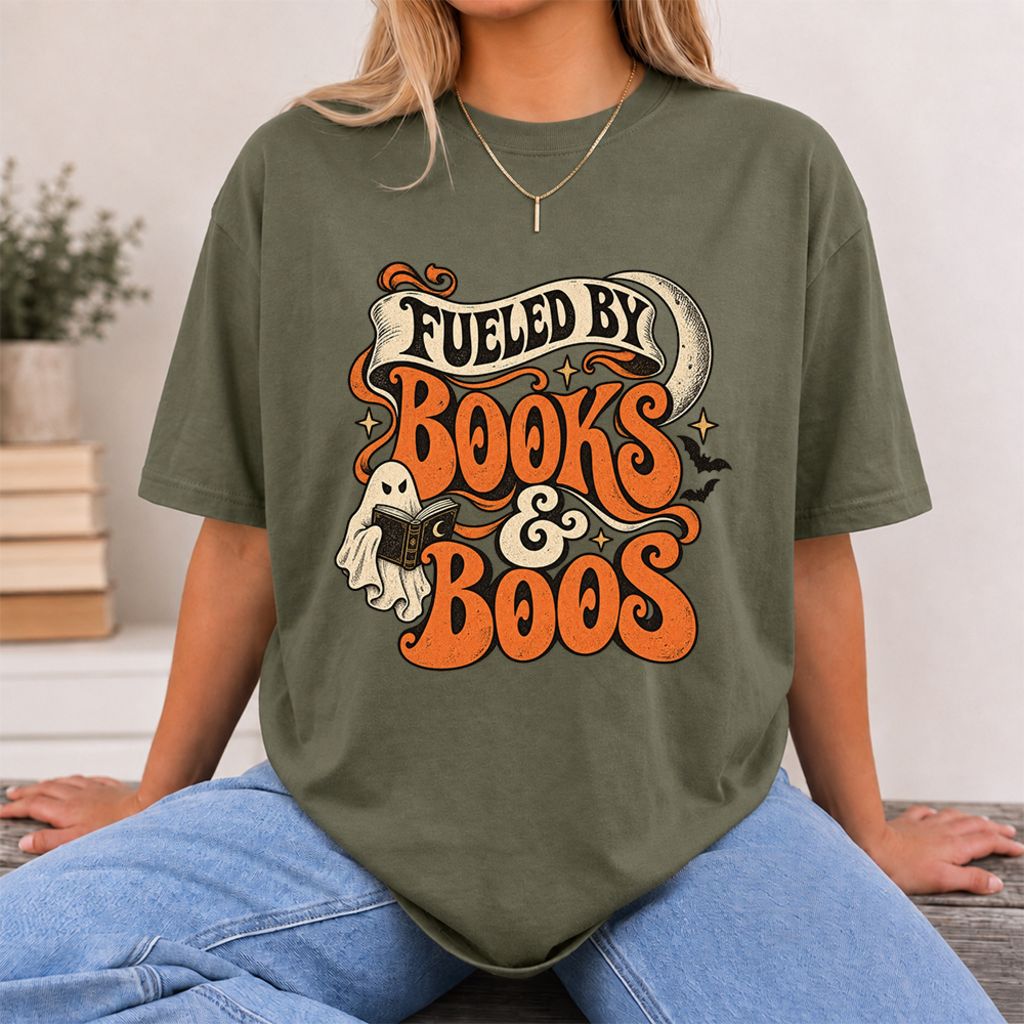 Fueled By Books & Boos Printed T-Shirt | Halloween Book Lover Gift Military Green