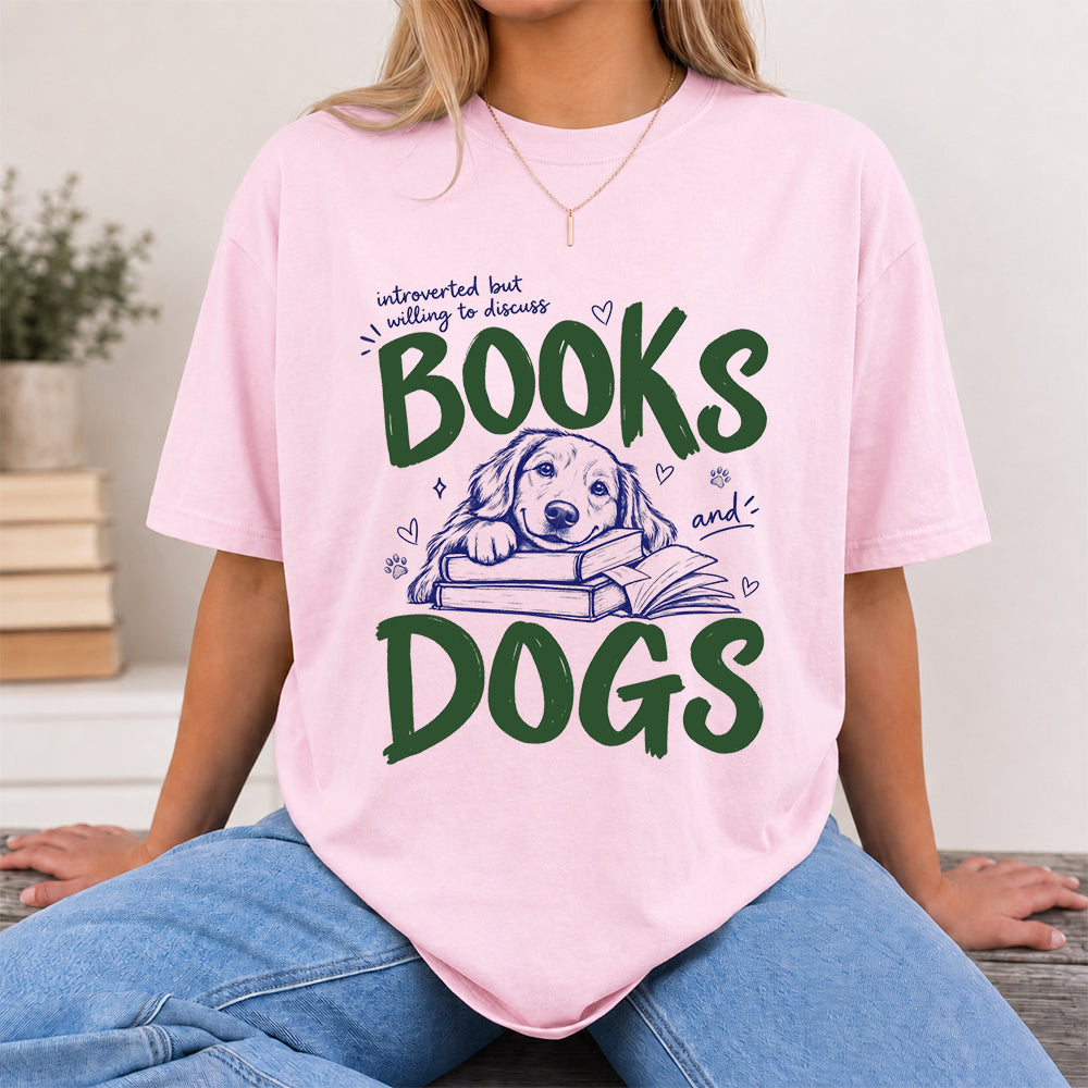 Introverted But Willing To Discuss Books And Dogs Cotton T-Shirt | Dogs Lover & Reader Gift Light Pink