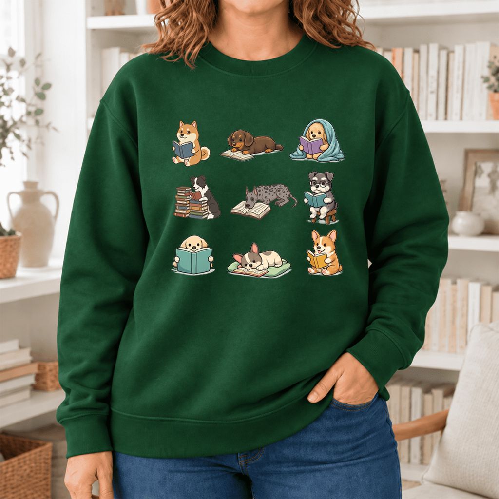 Funny Reading Dogs Embroidered Sweatshirt | Dog Mom Reader Gift Forest Green