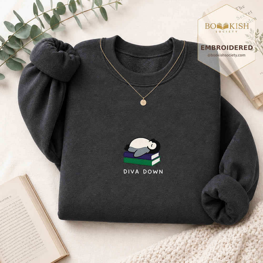 Diva Down Penguin Embroidered Sweatshirt | Reader Gift Dark Heather