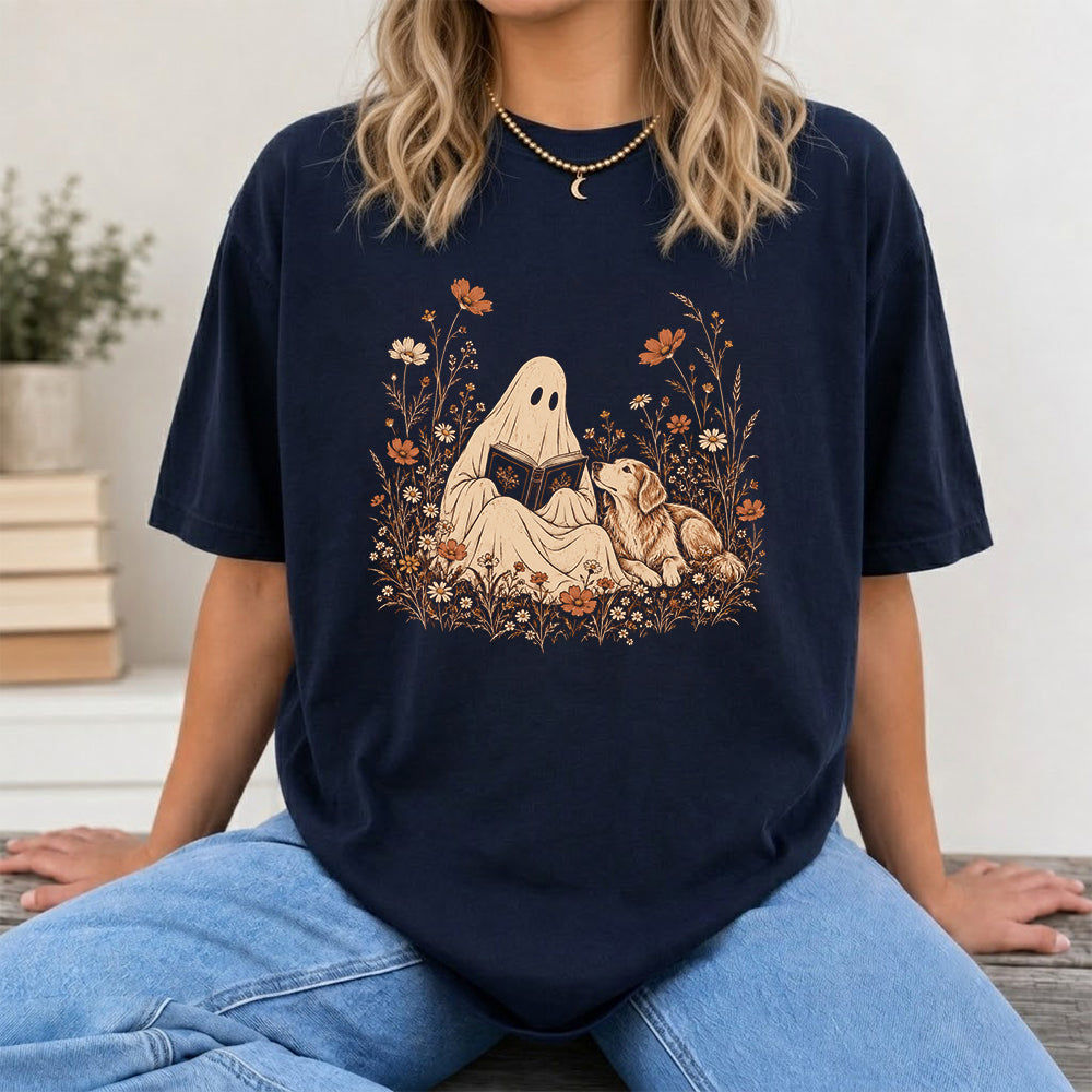 Ghost Wildflowers With Book And Golden Retriever Printed T-Shirt | Halloween Dog Lover Gift Navy