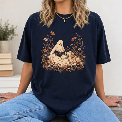Ghost Wildflowers With Book And Golden Retriever Printed T-Shirt | Halloween Dog Lover Gift Navy