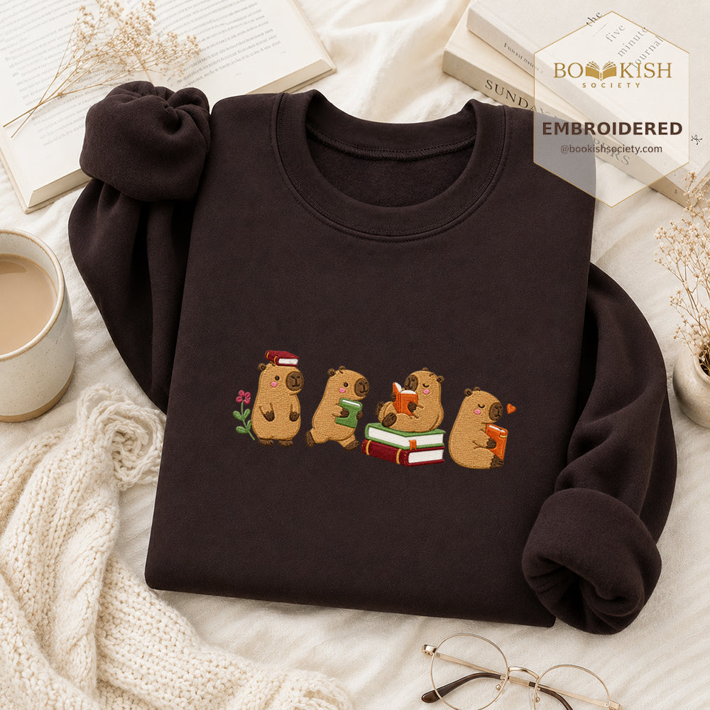 Reading Capybaras Embroidered Sweatshirt | Reader Gift Dark Chocolate