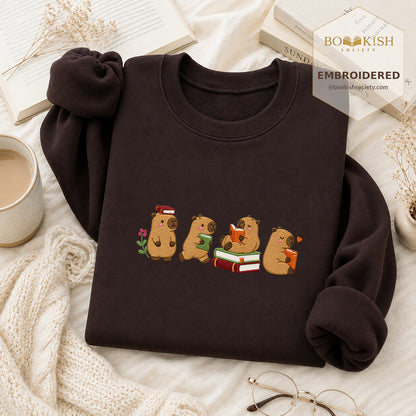 Reading Capybaras Embroidered Sweatshirt | Reader Gift Dark Chocolate