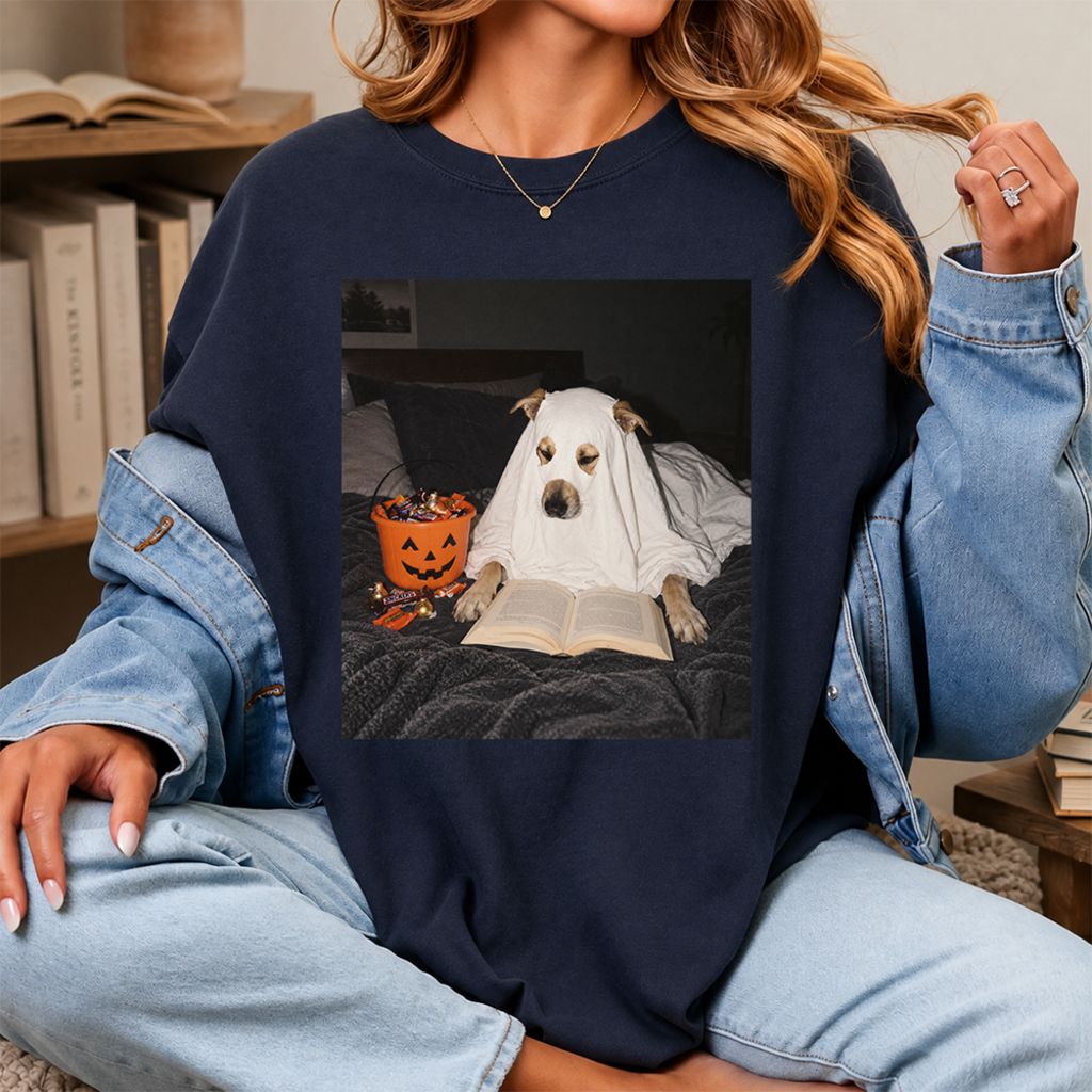 Cute Reading Ghost Dog Printed T-Shirt | Halloween Book Lover Gift Navy