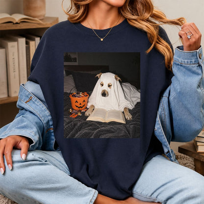 Cute Reading Ghost Dog Printed T-Shirt | Halloween Book Lover Gift Navy