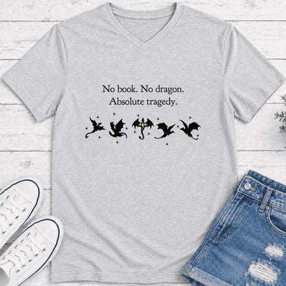 No Book, No Dragon, Absolute Tragedy Ultra-Soft V-Neck | Fantasy Book Lover Gift Ash