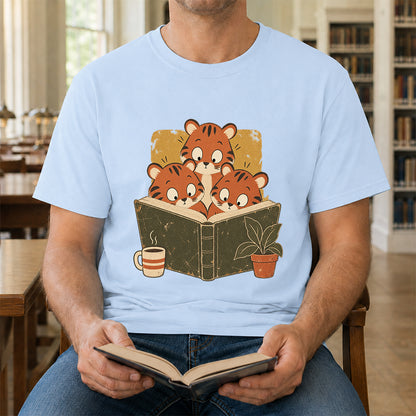 Minimal Japanese Tigers Reading Softstyle T-Shirt | Book Lover Gift Light Blue