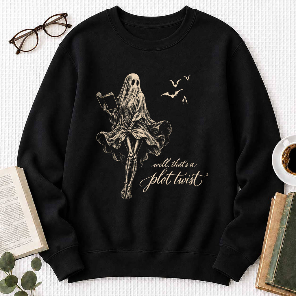 Funny Dress-Wearing Bookworm Ghost Printed Sweatshirt | Halloween Reader Gift Black