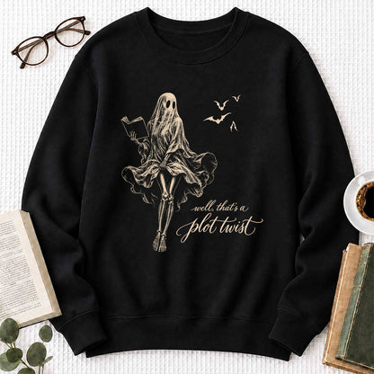 Funny Dress-Wearing Bookworm Ghost Printed Sweatshirt | Halloween Reader Gift Black