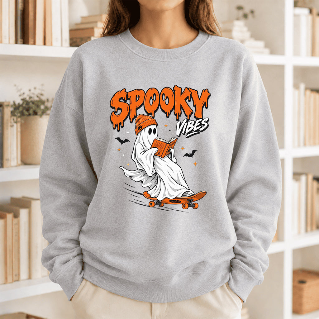 Spooky Vibes Printed Sweatshirt | Halloween Reader Gift Sport Grey