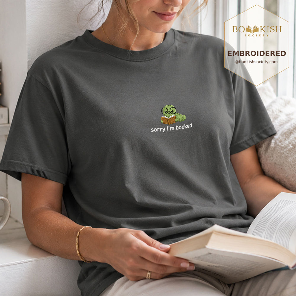 Sorry I'm Booked Embroidered Comfort Color® T-shirt | Book Lover Gift Pepper