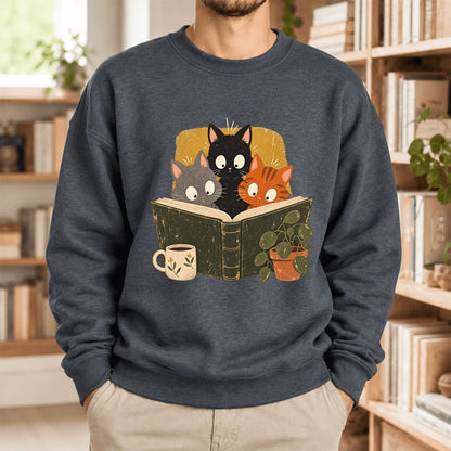 Curious Reading Cats Softstyle Sweatshirt | Cozy Book Lover Gift Dark Heather