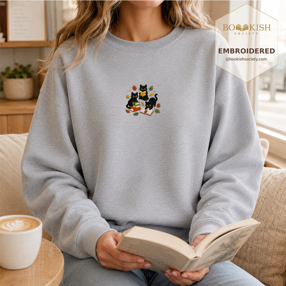Cat Catching Leaves Embroidered Sweatshirt | Reader Gift Sport Grey