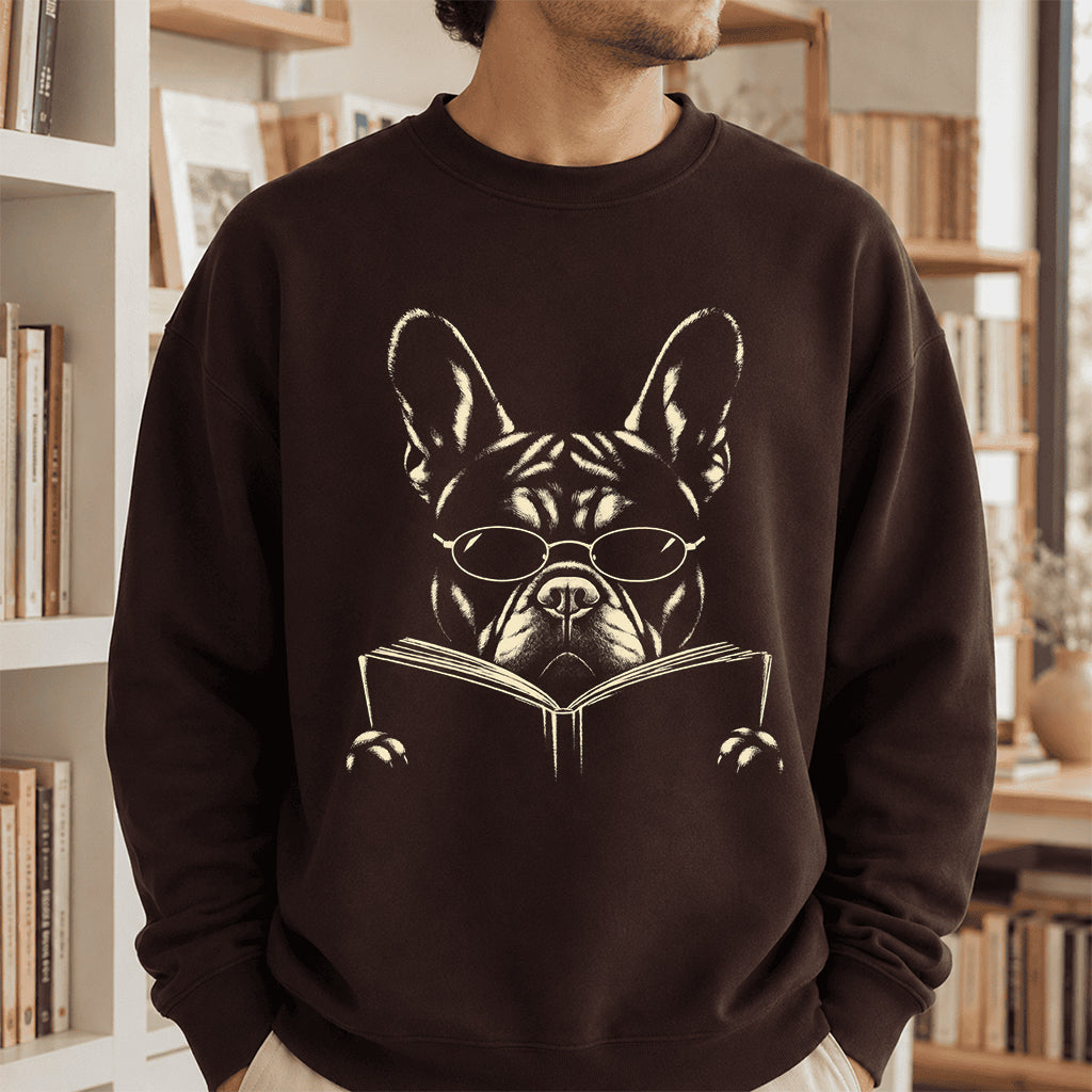 French Bulldog Reading Book Crewneck Sweatshirt | Reader Gift Dark Chocolate