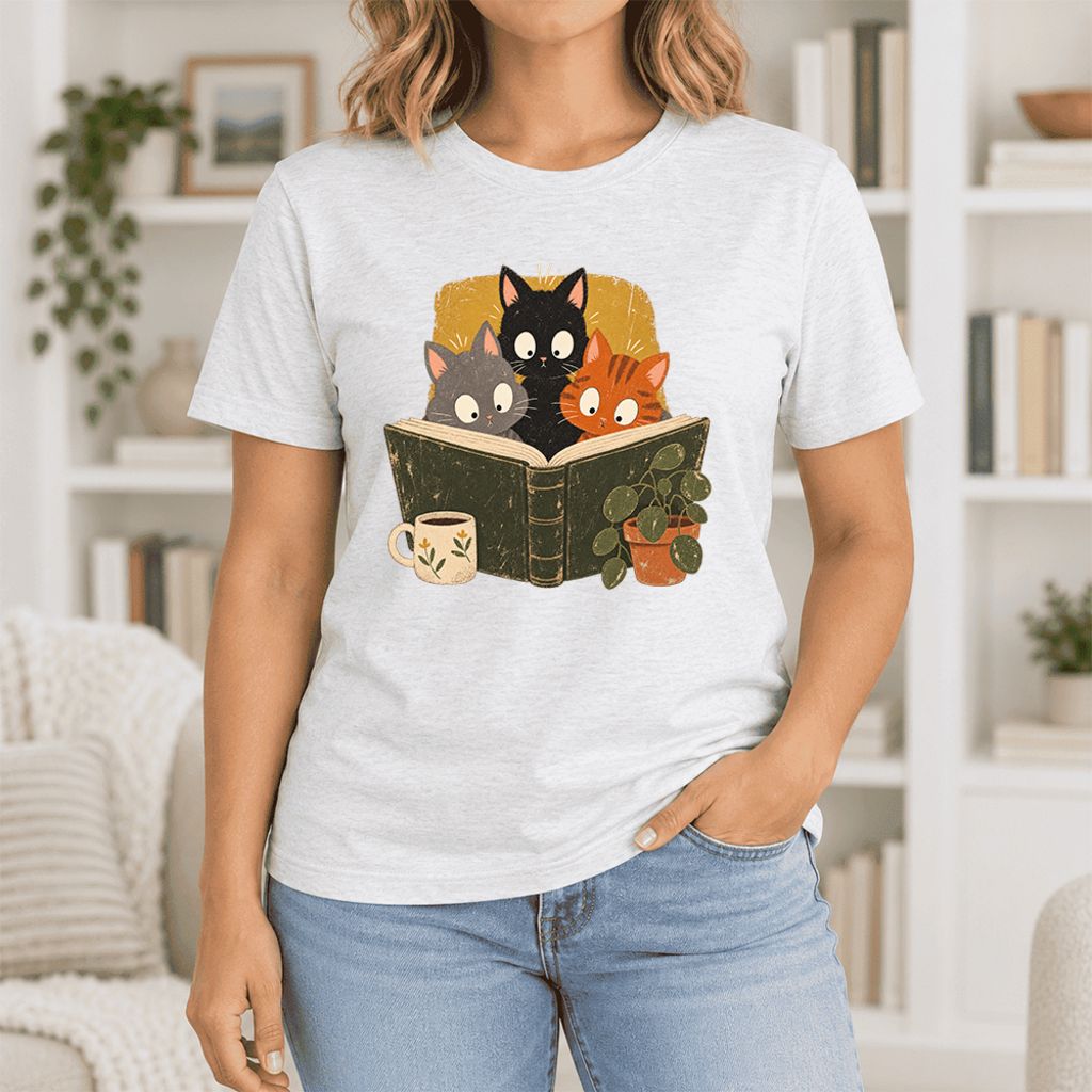 Curious Reading Cats Ultra-Soft Cotton T-Shirt | Cat Lover Reader Gift Ash