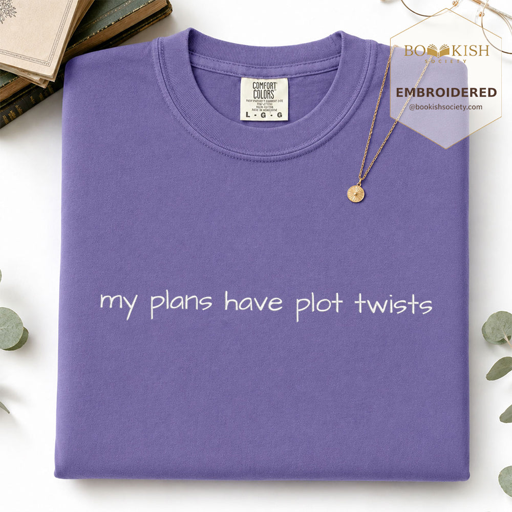 Embroidered My Plans Have Plot Twists Comfort Color® T-shirt Book Lover Gift Grape