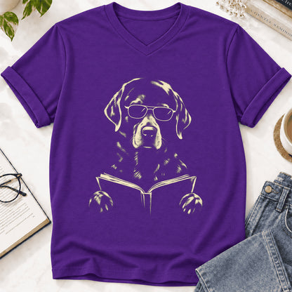 Labrador Retriever Reading Book Ultra-Soft V-Neck | Dog Mom Reader Gift Team Purple
