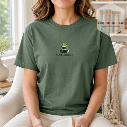 Booked and Unbothered Embroidered Comfort Color® T-shirt | Book Lover Gift Moss