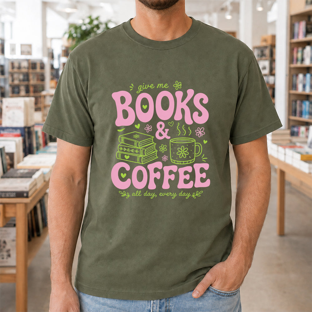 Books and Coffee Softstyle T-Shirt | Book Lover Gift Military Green