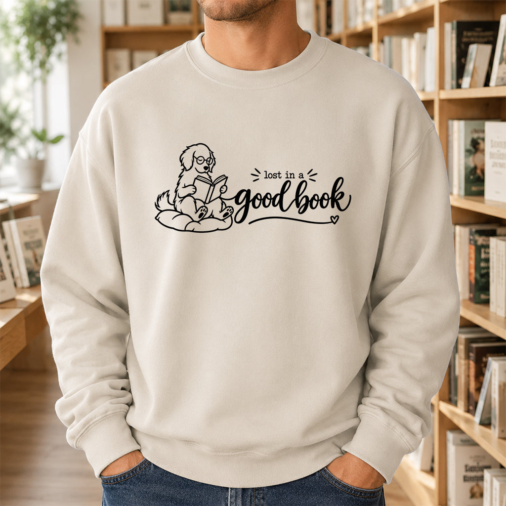 Lost In A Good Book Crewneck Sweatshirt | Dog Lover & Reader Gift Sand