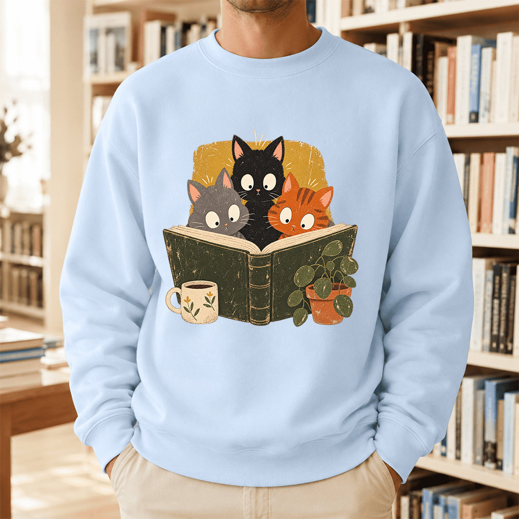 Minimal Japanese Cats Reading Crewneck Sweatshirt | Reader Gift Light Blue