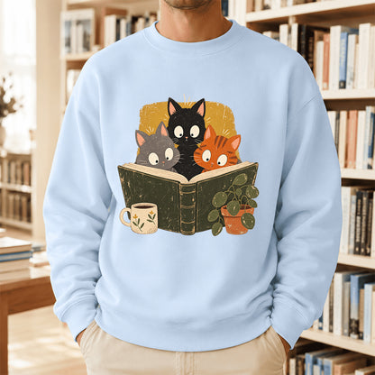 Minimal Japanese Cats Reading Crewneck Sweatshirt | Reader Gift Light Blue