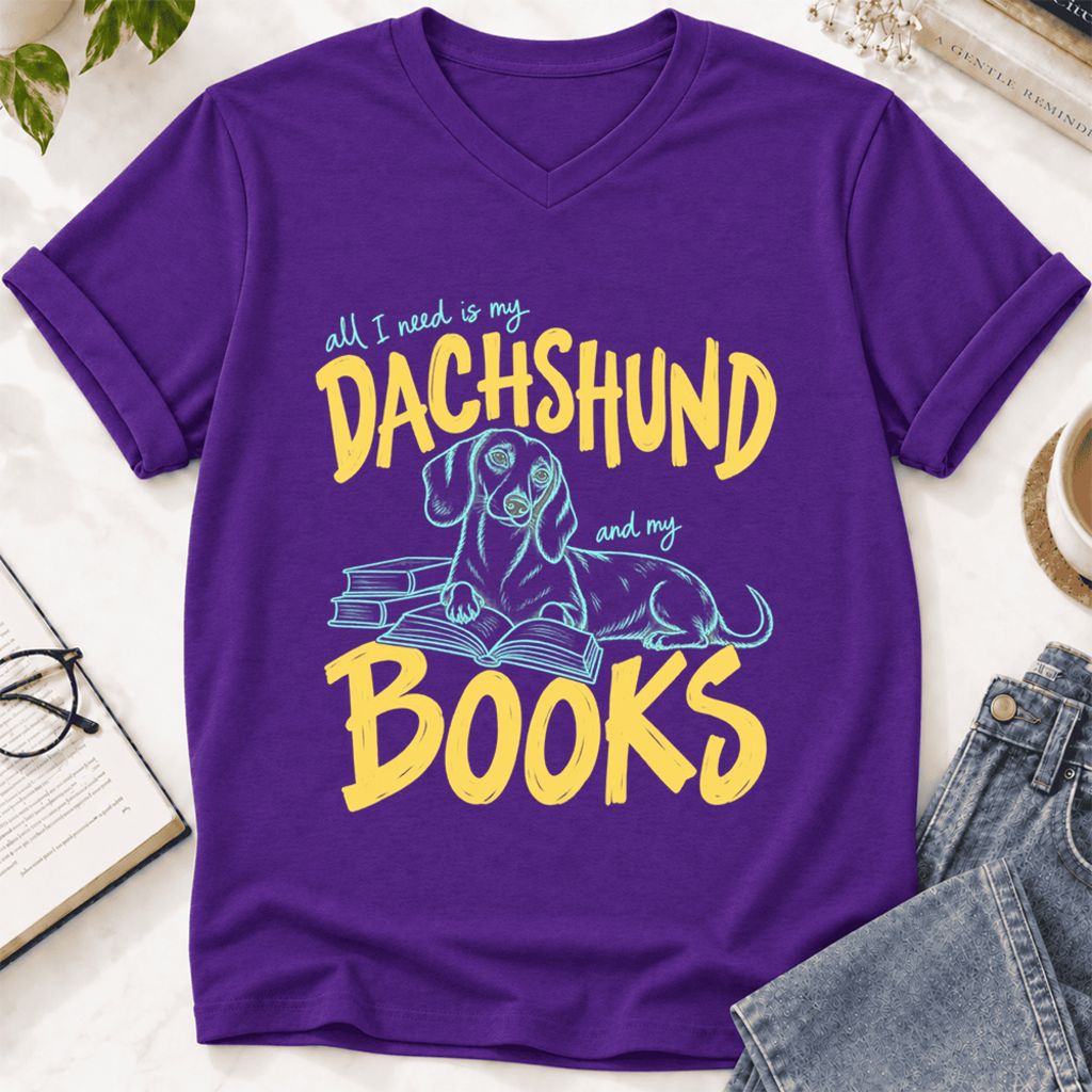 All I Need Is My Dachshund And My Books Ultra-Soft V-Neck | Dog Mom Reader Gift Team Purple