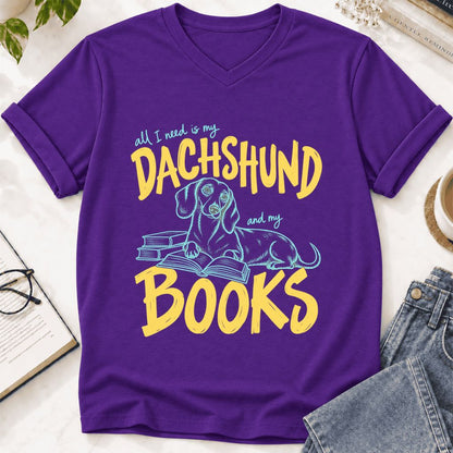All I Need Is My Dachshund And My Books Ultra-Soft V-Neck | Dog Mom Reader Gift Team Purple