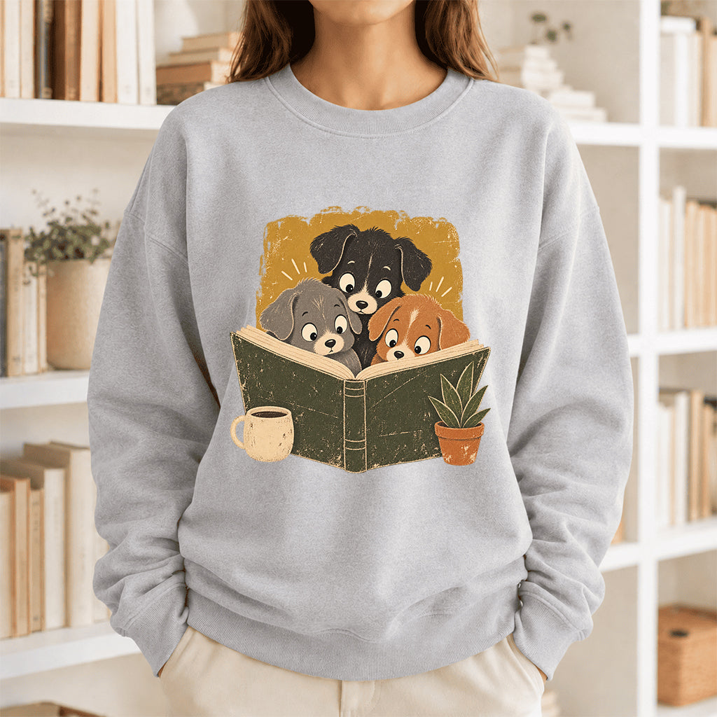 Minimal Japanese Dogs Reading Crewneck Sweatshirt | Reader Gift Sport Grey