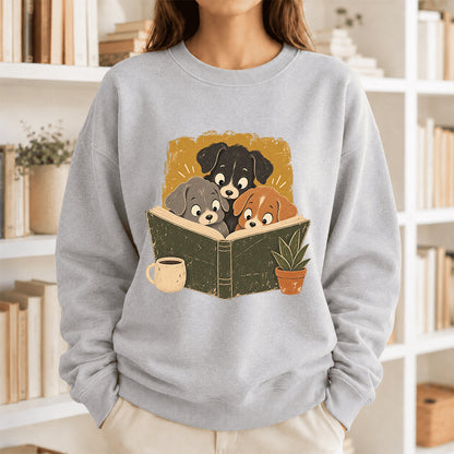 Minimal Japanese Dogs Reading Crewneck Sweatshirt | Reader Gift Sport Grey
