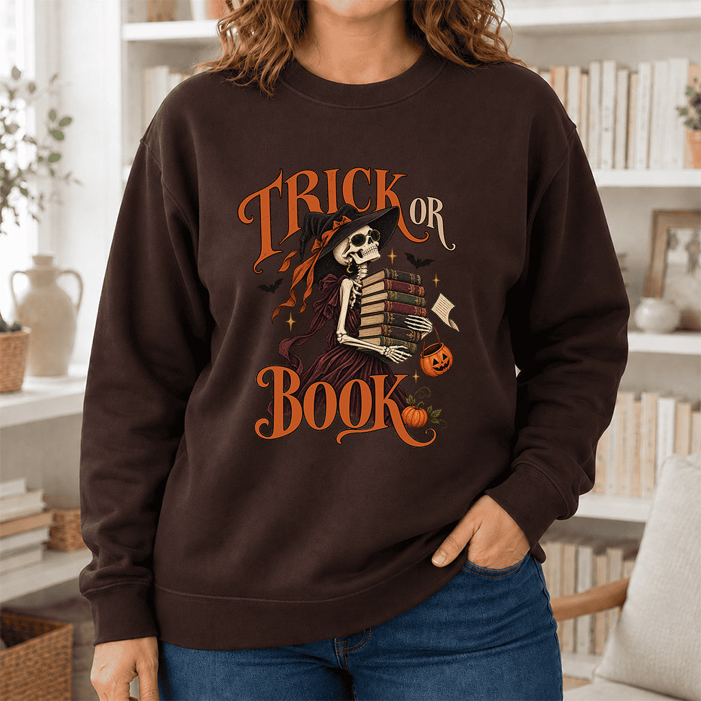 Trick Or Book Printed Sweatshirt | Halloween Book Lover Gift Dark Chocolate