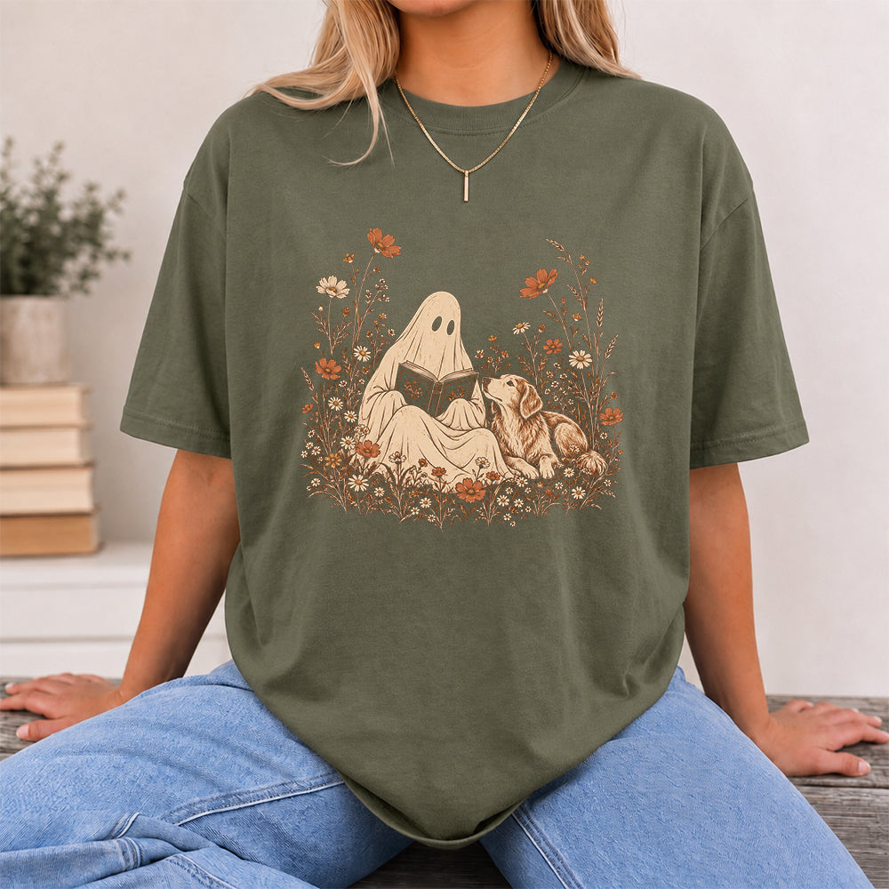 Ghost Wildflowers With Book And Golden Retriever Printed T-Shirt | Halloween Dog Lover Gift Military Green