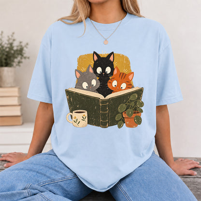 Minimal Japanese Cats Reading Softstyle T-Shirt | Book Lover Gift Light Blue