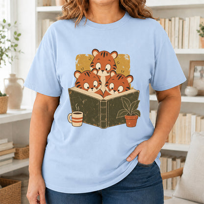 Minimal Japanese Tigers Reading Softstyle T-Shirt | Book Lover Gift Light Blue