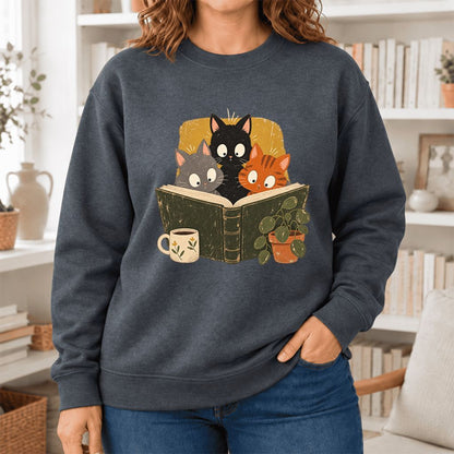 Curious Reading Cats Softstyle Sweatshirt | Cozy Book Lover Gift Dark Heather