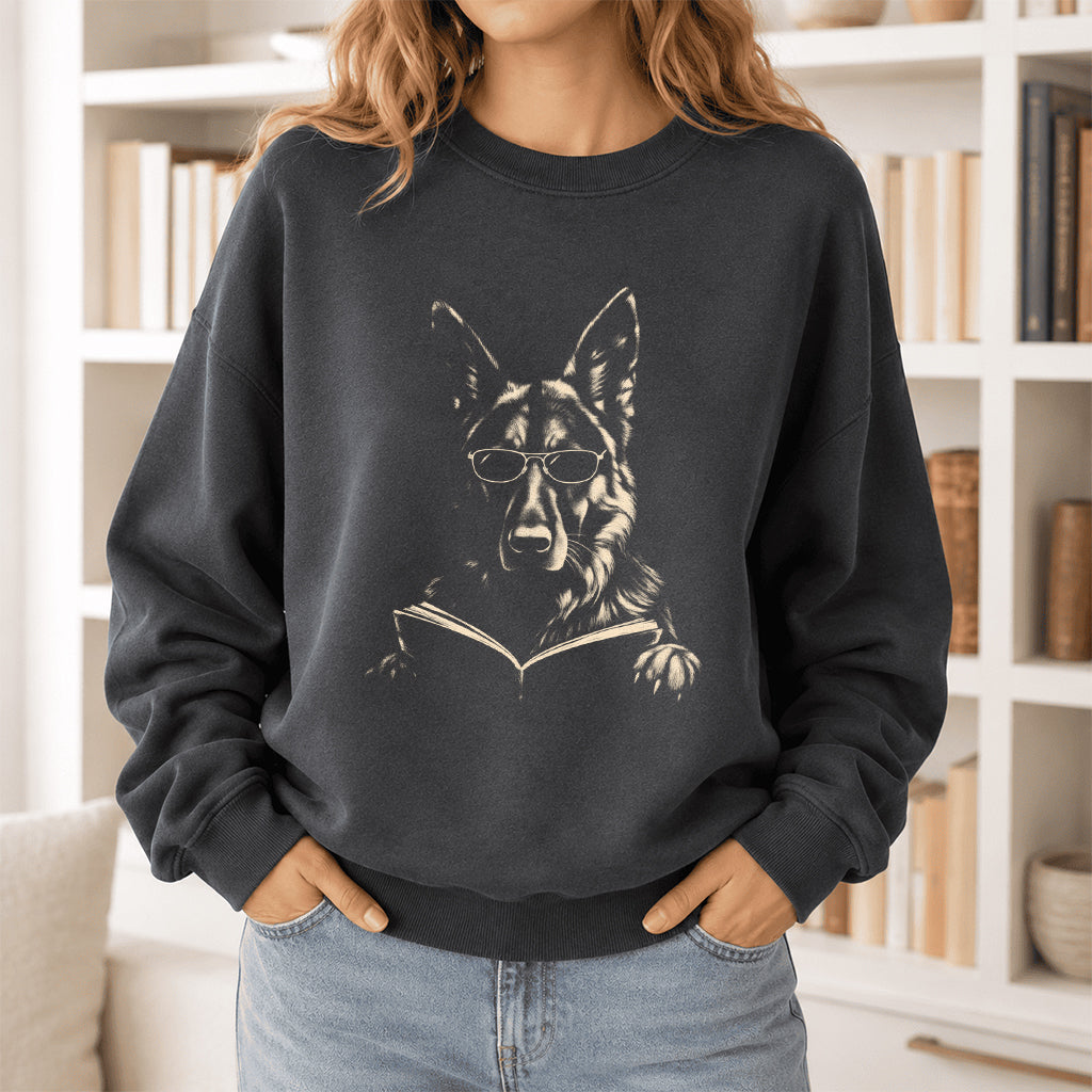 German Shepherd Reading Book Crewneck Sweatshirt | Reader Gift Dark Heather