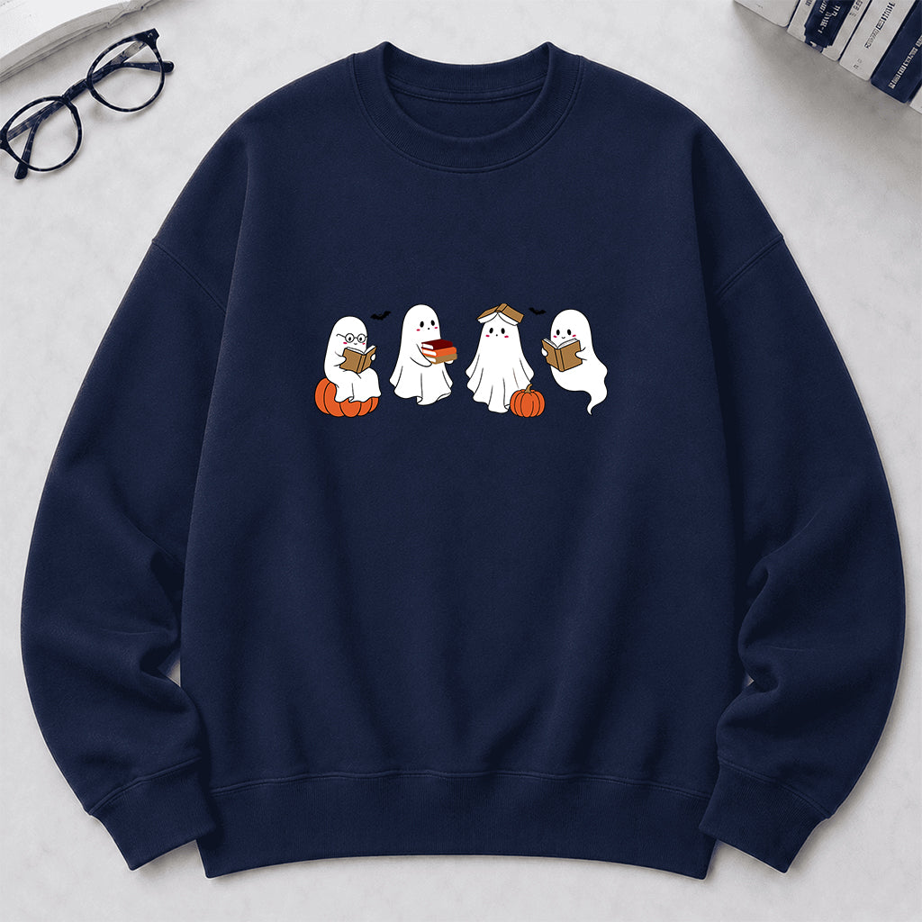 Halloween Ghosts Reading Printed Sweatshirt | Spooky Book Lover Gift Navy