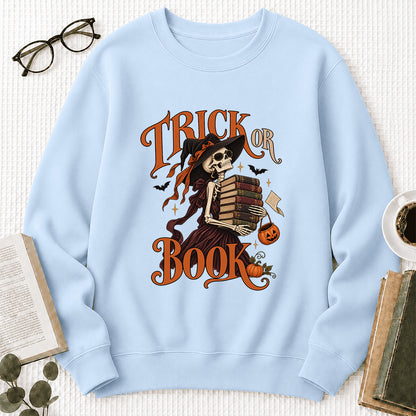 Trick Or Book Printed Sweatshirt | Halloween Book Lover Gift Light Blue