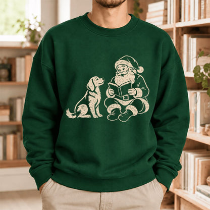 Funny Dog With Reading Santa Softstyle Sweatshirt | Christmas Book Lover Gift Forest Green