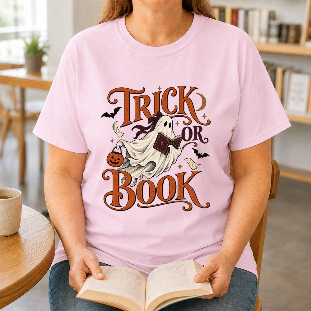 Trick Or Book Ghost Printed T-Shirt | Halloween Book Lover Gift Light Pink